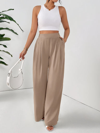 Women'S Elegant Wide Leg Pants - Beige Loose Fit with Elastic Waist, Comfortable Polyester Fabric for Spring/Summer Vacations, Casual Chic Style