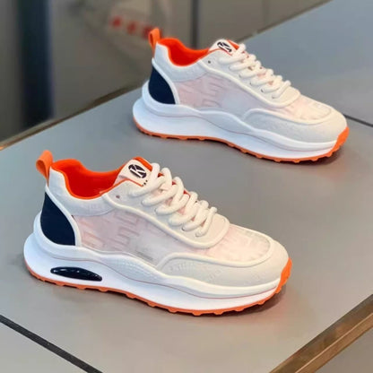 Men's Lightweight Breathable Low-Top Sneakers - PU Upper & PVC Sole, White/Navy/Red Accents, Lace-Up Round Toe for Casual, Outdoor, Running & Gym - All-Season Comfort Shoes, Casual Footwear, Geometric Pattern, Comfortable Fit