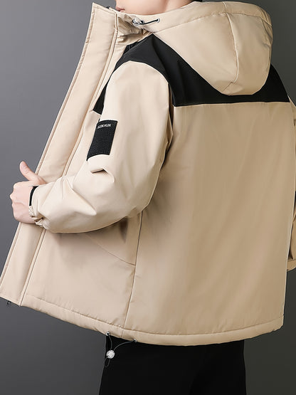 Men's Casual Hooded Windbreaker Jacket - Spring/Autumn Color Block Zip-Up Coat For Autumn Winter Outdoors