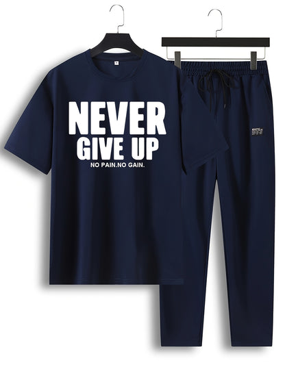 Men'S 2pcs Summer Never Give Up Casual T-Shirt & Jogger Set - Navy Blue with Inspirational Quote, Drawstring Waist, and Pockets - Perfect for Casual Outings and Sports, Jogging Pants