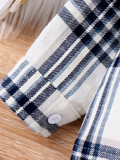 PatPat 2pcs Baby Boy Casual Patch Pocket Plaid Long-sleeve Lapel Collar Shirt and Jeans/Denim Pants Set For Spring & Autumn/Fall