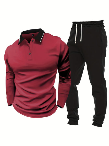 Men's Casual Color-Block Long Sleeve Button-Up Shirt & Drawstring Joggers Set - Polyester Blend, Pockets Included, Perfect for Spring/Fall