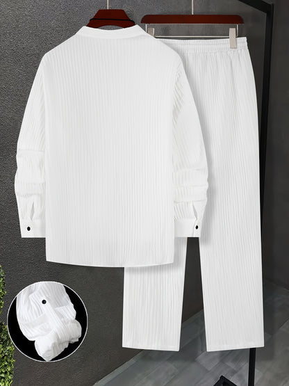 Men'S Two-Piece Set Featuring Textured Fabric, Versatile Long-Sleeve Shirt with Ear Loops, And Loose Drawstring Casual Pants.