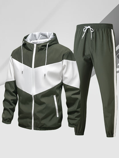 Men's Casual 2-Piece Outfit, Stylish Color Block Zip Up Hooded Jacket, Breathable Solid Color Drawstring Pants