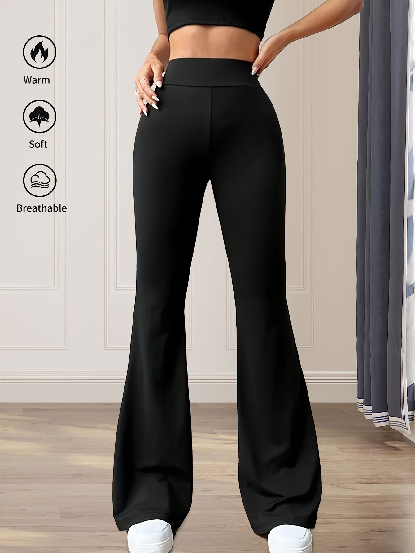 High-Waisted Flared Leggings for Women - Stretchy Black Polyester Pants with Tummy Control, Slimming Fit, and Breathable Design for Spring/Summer/Fall Casual Wear, Spring Summer Leggings | Fitted Leggings | Elastic Waistband