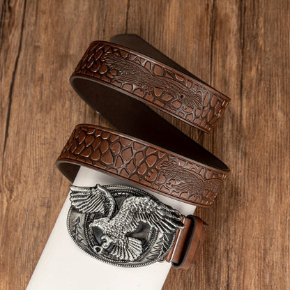 Oval Eagle Large Buckle Belt, Embossed PU Leather Belt, Men's Belt, Ideal choice for Gifts