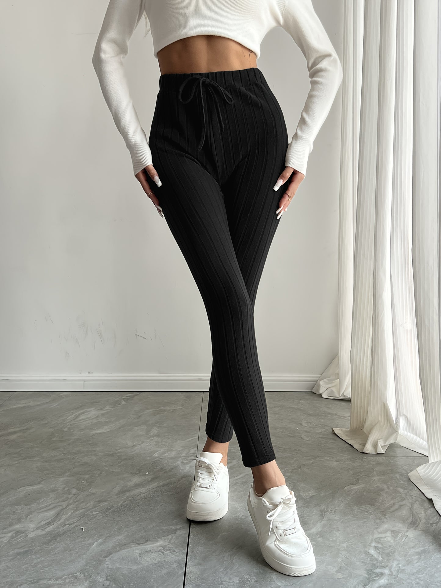 High-Waisted Drawstring Skinny Knitted Pants For Everyday Wear - Solid Color Women's Casual Clothing