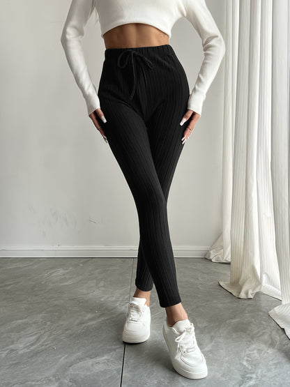 High-Waisted Drawstring Skinny Knitted Pants For Everyday Wear - Solid Color Women's Casual Clothing