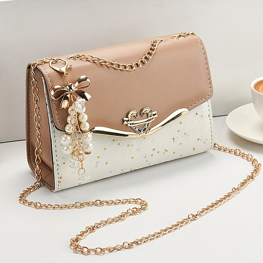 Fashionable Bohemian Beige PU Crossbody Bag with Tassel Charm - Urban Style Flap Shoulder Bag with Metal Chain Strap, Lightweight and Portable for Shopping, Office, College, Travel - Ideal Gift for Women, Occasion Theme, Vale