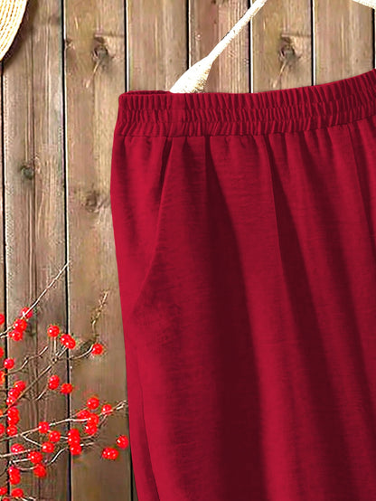 Women'S Solid Color V-Neck Short Sleeve Shirt with Elastic Waist Wide-Leg Pants Two-Piece Set