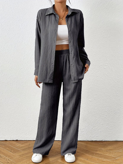 2pcs Women Spring & Autumn Casual Solid Color Long Sleeve Shirt And Pants Set