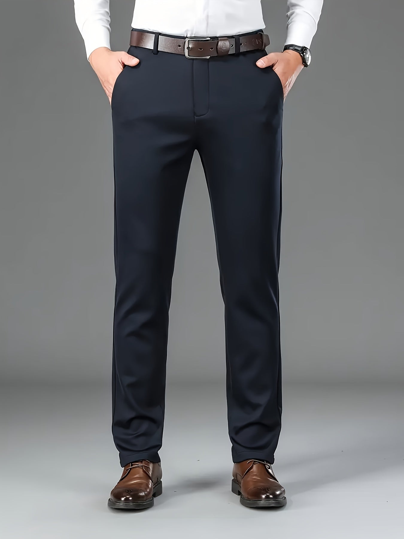 [Durable Build] Men's All-Season Casual Dress Pants - Business Style Stretch Trousers, Comfortable Classic Design, Light Brown Polyester Blend, Machine Washable, Smooth Finish, Regular Fit for Office or Leisure Wear