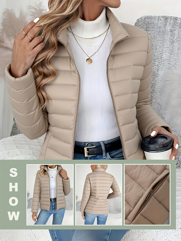 Women's Lightweight Winter Coat - Elegant Stand Collar Long Jacket, Machine Washable Cold Weather Outerwear for Fall/Winter, Formal & Everyday Use - Elegant Women's Outerwear, Casual Cold Wear, High Collar Design, Zipper Clos