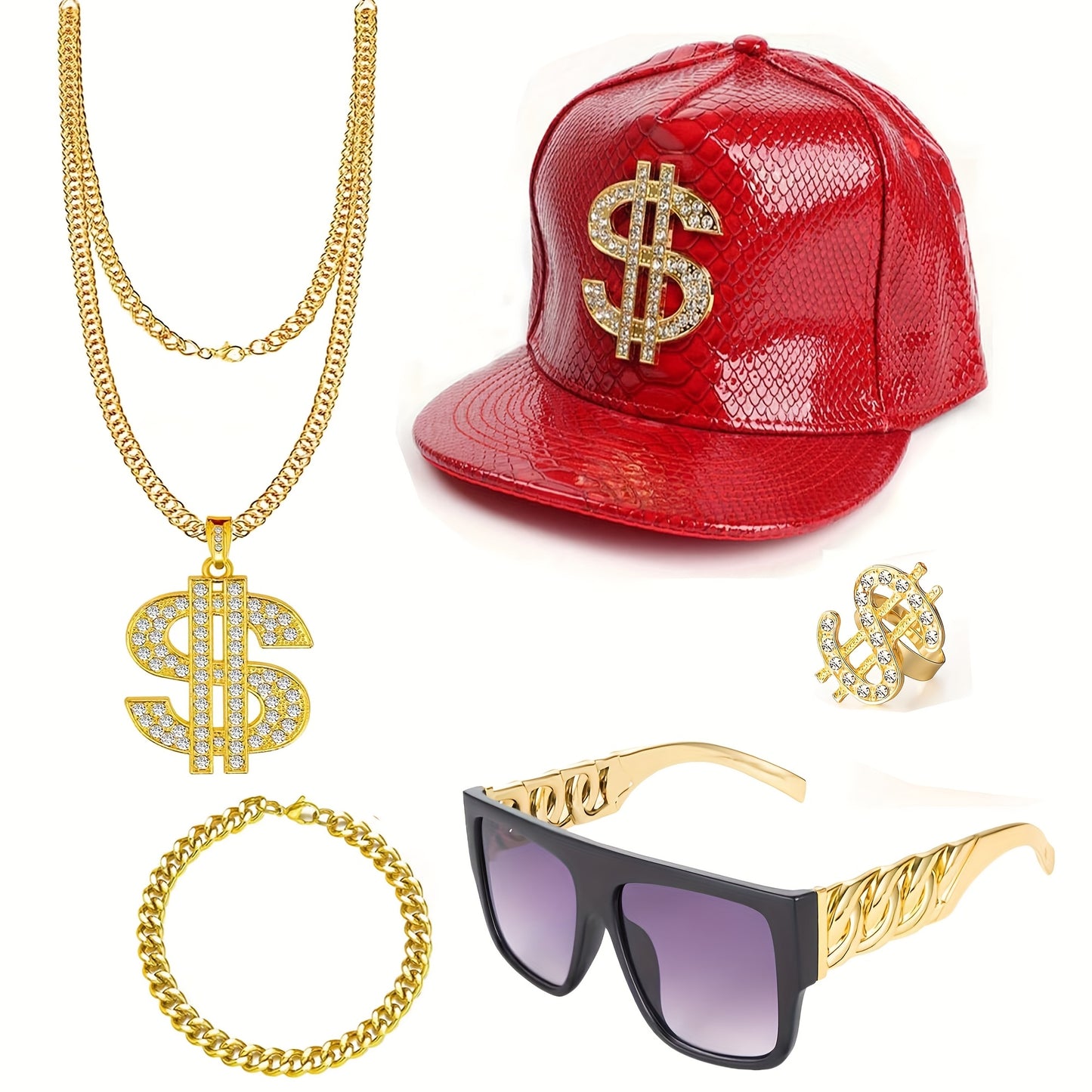 5pcs Hip Hop Costume Kit 80s 90s Rapper Accessories Set Golden Rapper Hat Baseball Cap Punk Fashion Glasses Golden Dollar Sign Pendant Necklace Ring Bracelet for Men Women Carnivals, throwback party Outfit Halloween Jewelry f