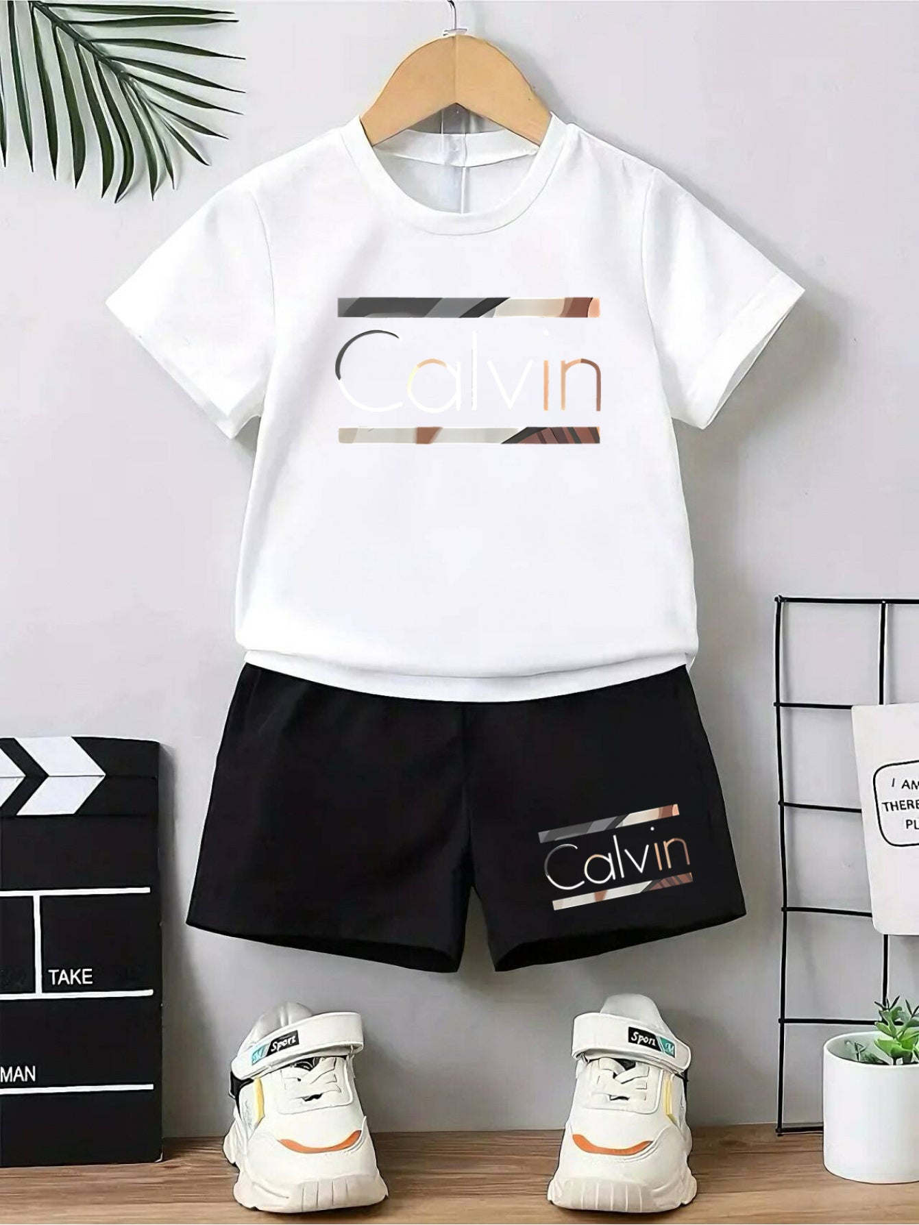 2pcs - Youngsters' Short Sleeve Shorts Set - Street Style Casual "Calvin" Letter Print, Vibrant Design - Summer Outdoor Outfit, Polyester Fabric, Comfortable for All Seasons, Daily Wear | Lively Printed Top | Stretchy Materia