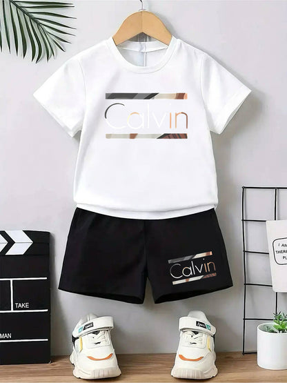 2pcs - Youngsters' Short Sleeve Shorts Set - Street Style Casual "Calvin" Letter Print, Vibrant Design - Summer Outdoor Outfit, Polyester Fabric, Comfortable for All Seasons, Daily Wear | Lively Printed Top | Stretchy Materia