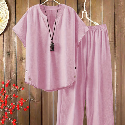 Women'S Solid Color V-Neck Short Sleeve Shirt with Elastic Waist Wide-Leg Pants Two-Piece Set