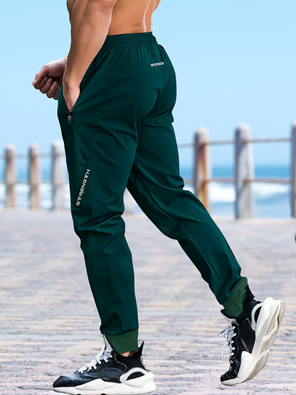 Men's Casual Athletic Pants - Stretch Polyester, Side Zipper Detail, Drawstring Waist, Green Joggers with Pockets for Sports & Leisure