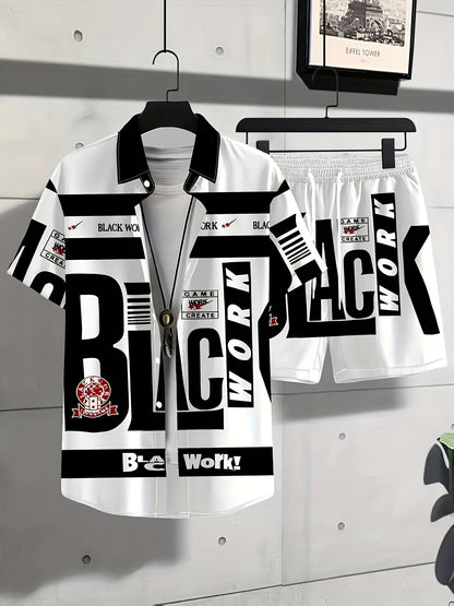 2pcs Men's casual departure 3D digital printed shirt set, printed collar shirt and shorts set, with slight elasticity and button details