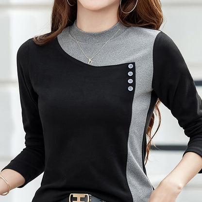 Women's Chic Color Block Casual Top - High Stretch Polyester & Elastane Blend, Button Detail, Machine Washable - Elegant Stand Collar, Long Sleeve, Beige & Brown