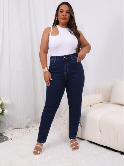 Plus Size Casual Jeans, Women's Plus Solid Button Fly High Rise High Stretch Jeans