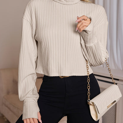 Women'S High Neck Knit Turtleneck T-Shirt, Solid Color Polyester 95% Spandex 5% Blend, Short Length, Fall/Winter Collection, 210g/m² Knit Fabric