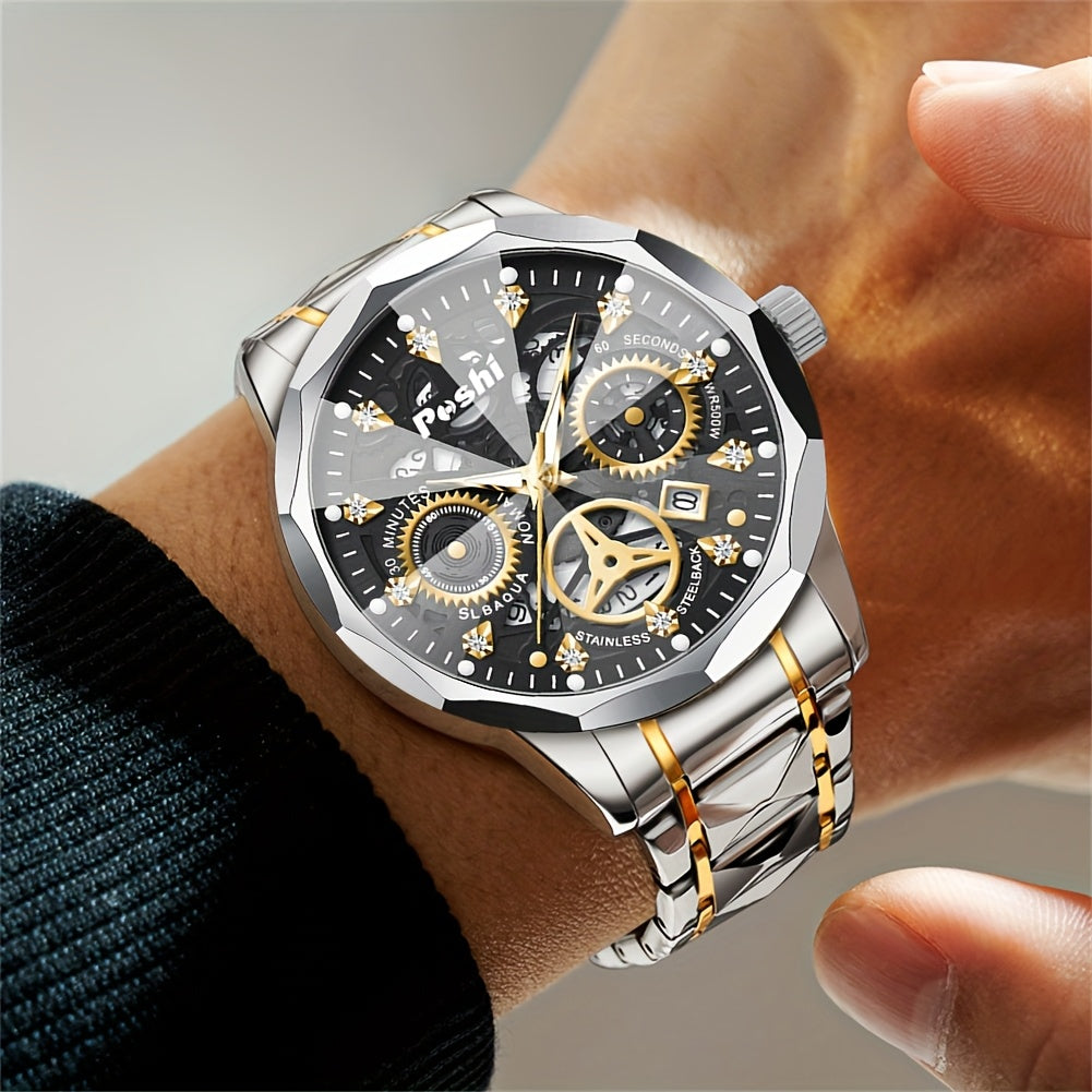 POSHI Men's Luxury Golden-Tone Quartz Watch with Rhinestone Accents, Luminous Waterproof Design, Calendar Feature, and Stylish Hexagonal Hands - Perfect Business Gift for Men, Formal Timepiece