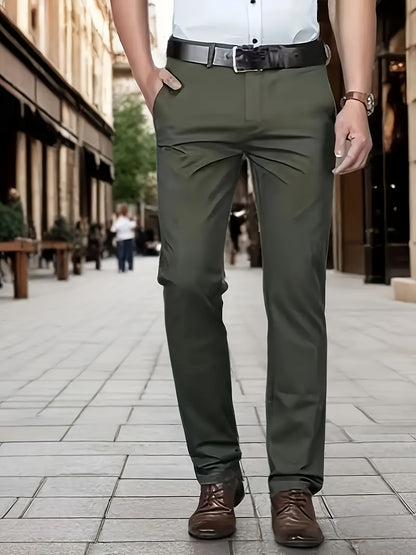 Men's Classic Business Dress Pants, Solid Color Casual Trousers, 100% Polyester, Regular Fit, with Zipper Fly, for Daily Wear and Gifting, All-Season, Allseason Trousers | Notch Lapel Design | Polyester Trousers