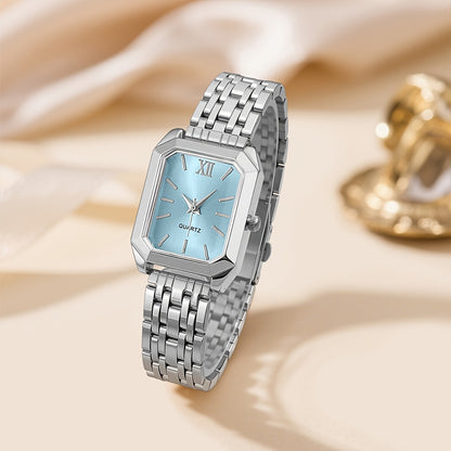 Women's Glamorous Elegant Quartz Watch - Light Blue Dial, Roman Numeral XII, Alloy Metal Band, Rectangular Case, Non, Everyday Casual & Formal Wear, Middle East Collection Luxury Gift, Formal Timepiece | Sophisticated Style |