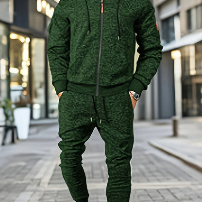 Men's Casual Sports Hoodie and Pants Set with Zipper, Drawstring, Fleece-Lined - Polyester Blend, Machine Washable