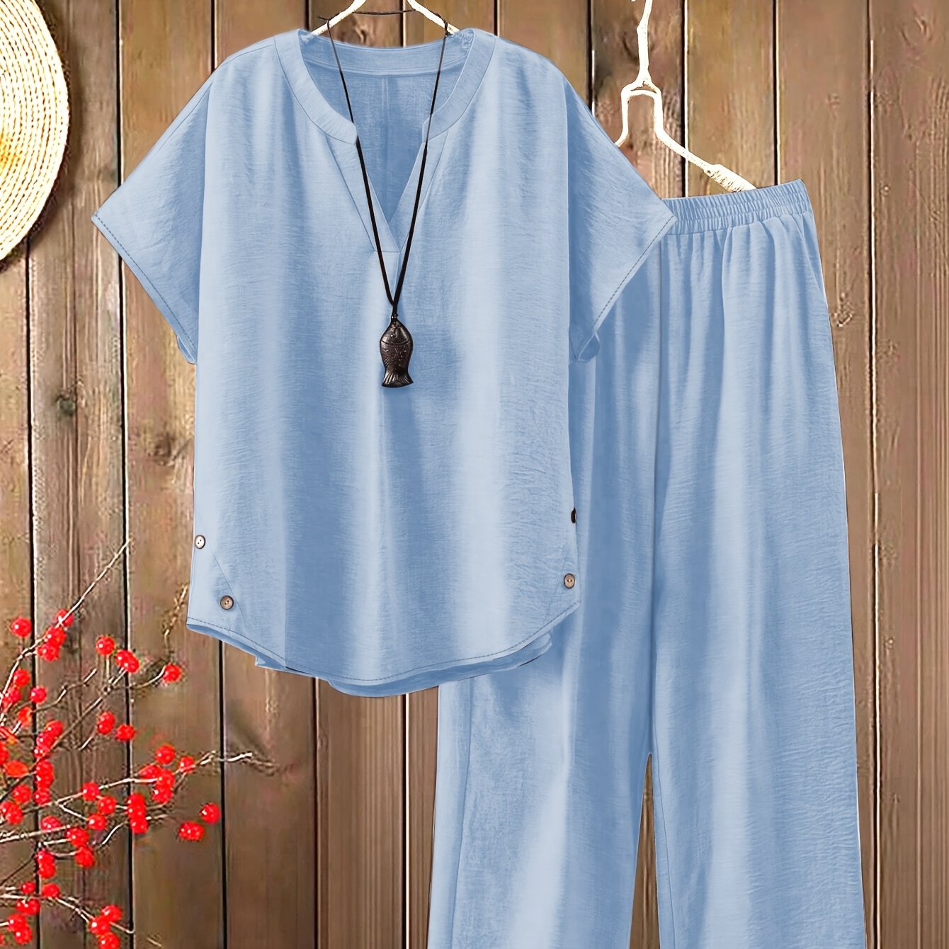 Women'S Solid Color V-Neck Short Sleeve Shirt with Elastic Waist Wide-Leg Pants Two-Piece Set