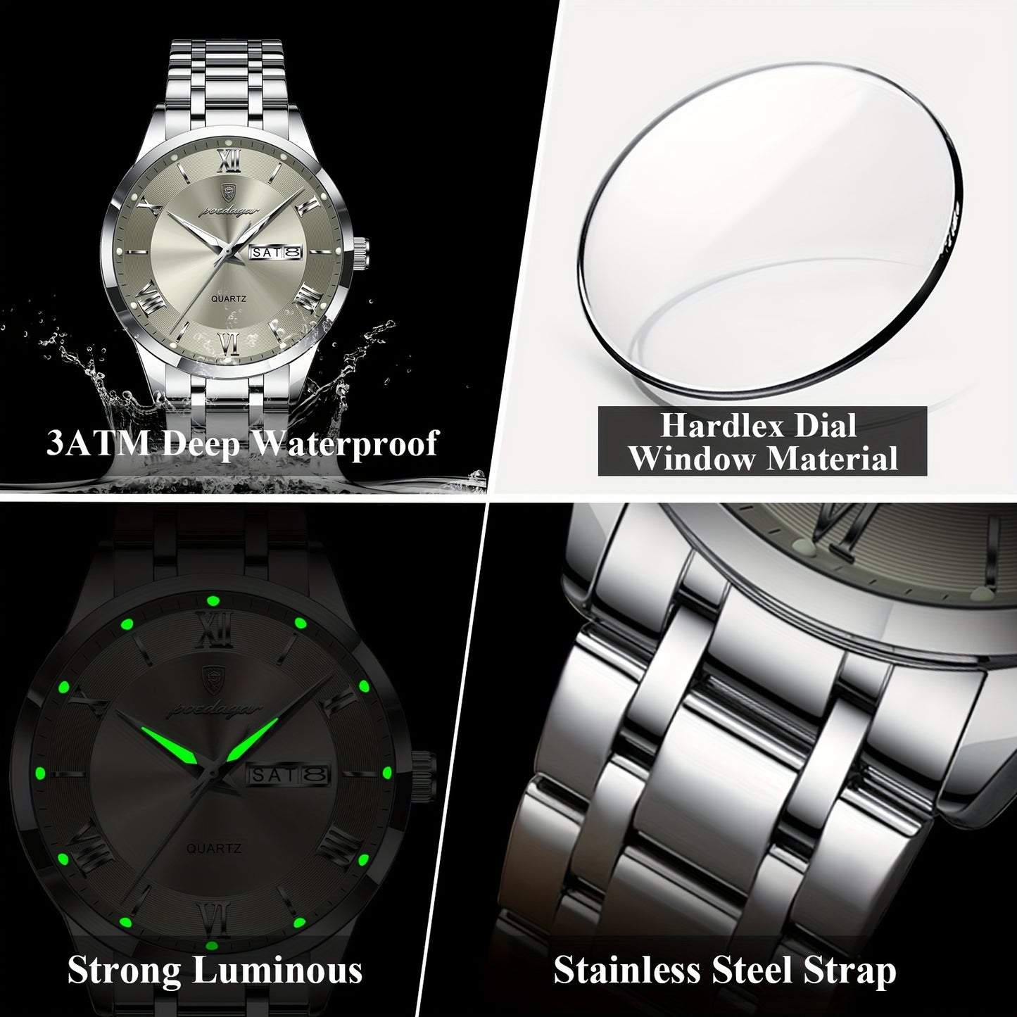 POEDAGAR Men'S Quartz Watch, Sports Style, Waterproof 3ATM, Luminous Calendar, Stainless Steel Strap, Pointer Display, Alloy Case, Electronic Drive, Non-Rechargeable Button Battery, with Spring Festival and Football Holiday T