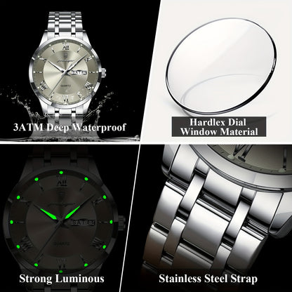 POEDAGAR Men'S Quartz Watch, Sports Style, Waterproof 3ATM, Luminous Calendar, Stainless Steel Strap, Pointer Display, Alloy Case, Electronic Drive, Non-Rechargeable Button Battery, with Spring Festival and Football Holiday T