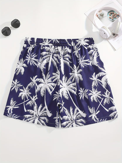 Men's Tropical Coconut Tree Print Drawstring Shorts - Casual, Loose-Fit Beachwear with Pockets