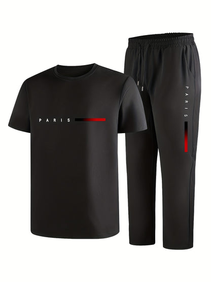 Men'S Casual Sports Two-Piece Set Short Sleeve Top Straight Leg Pants with Paris Print, Fashionable And Trendy, Ideal for Summer, Parties, Casual Outings, And Everyday Wear, Everyday Wear|Short Sleeve Top|Print Trousers