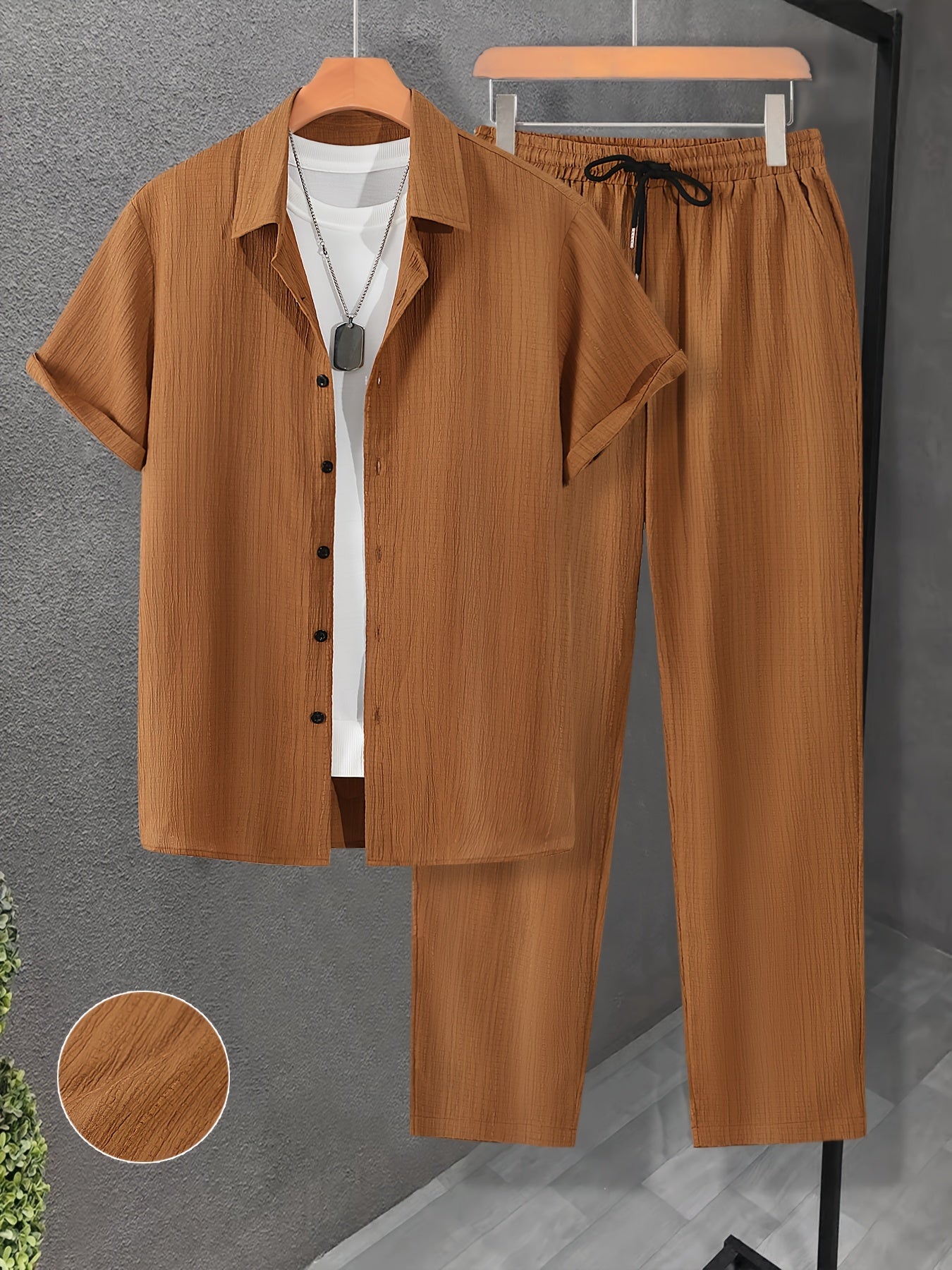 Men's Casual 2-Piece Outfit, Summer Solid Color Shirt & Pants Set, Comfy Button Up Shirt, Breathable Drawstring Pants