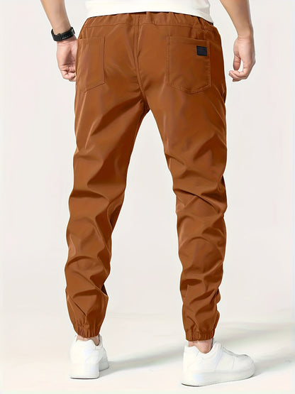 Men's Solid Color Drawstring Cargo Pants - Casual, Loose Fit with Multiple Pockets, Machine Washable
