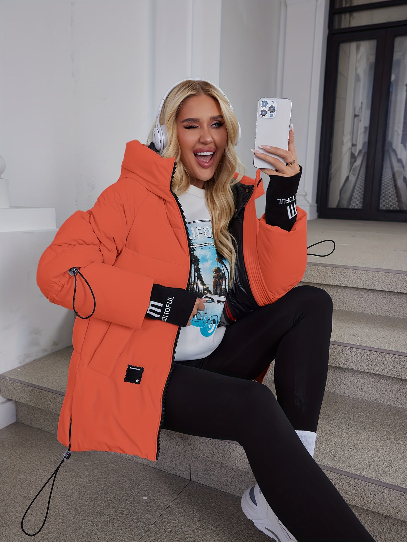 Women's Stylish Beige Puffer Jacket - Casual Warm Winter Coat with Black Trim, Long Sleeves & Zippered Hood, Polyester Fabric for Outdoor Comfort