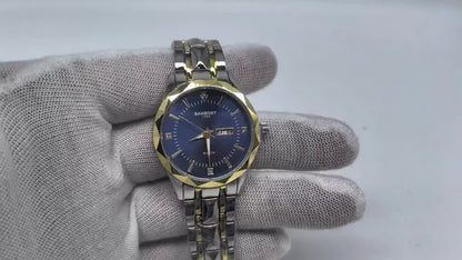 1pc BANBONY Women's Stainless Steel Quartz Watch with Rhinestone Accents, Scratch-Resistant Luminous Dial, IPX7 Waterproof, Week Calendar Display, Blue Dial & Golden-Tone Case - Luxury Casual Sports Watch for Birthdays, Holid