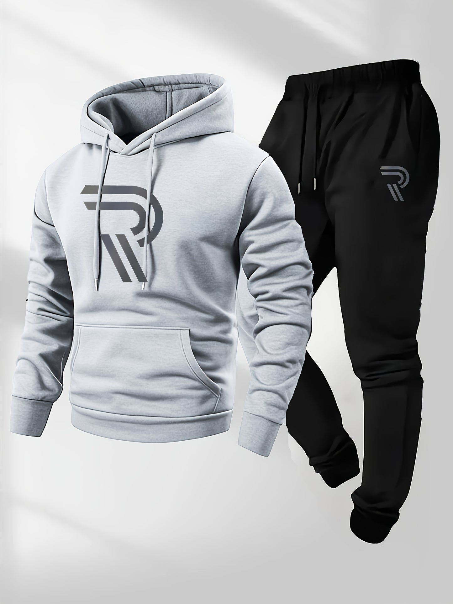 Men'S Sporty Two-Piece Hoodie and Pants Set - Gray with Black Logo, Non-Stretch Fabric, Regular Fit, Pockets, Ideal for Fall/Winter, Casual Wear|Hooded Sweatshirt|Pocketed Pants, Sweater Hoodie