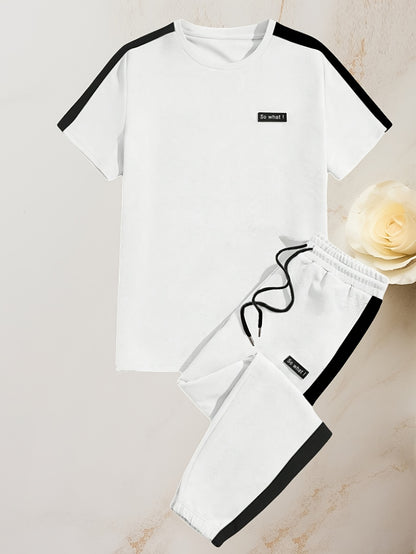 Men's Summer Sports Casual Set with Round Neck T-Shirt and Drawstring Pants Fashion Patchwork Breathable Quick-Dry Top and Bottoms Outfit