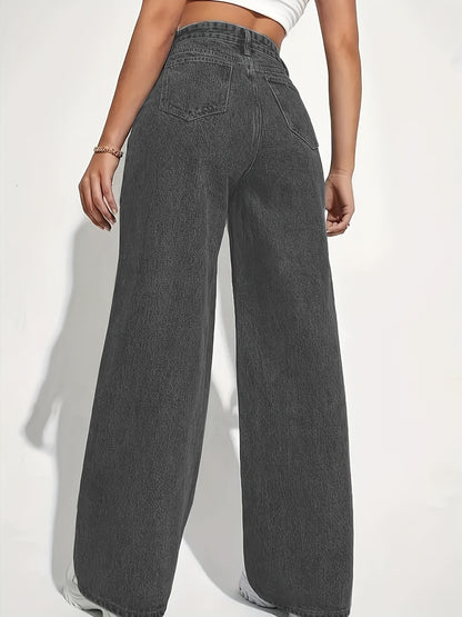 1pc Women'S High Stretch Cotton Wide Leg Jeans, Casual Washed Solid Color Denim, Woven Fabric, Versatile for Spring/Summer/Fall - DXK1005BF861K