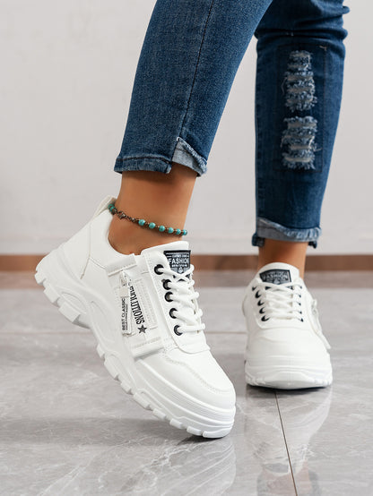Women'S Breathable Knit Sneakers - Lightweight Thick Sole Casual Walking Shoes in White & Black, Synthetic Cover Upper with Rubber Outsole, Lace-Up Low-Top Design for Indoor/Outdoor, Travel, Beach & Shopping - Cute Gift for M