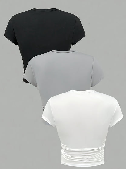 Girls' 3pcs Slim Fit Short Sleeve T-Shirts - Casual Round Neck, Stretchy Polyester, Machine Washable - Perfect for Spring/Summer/Fall