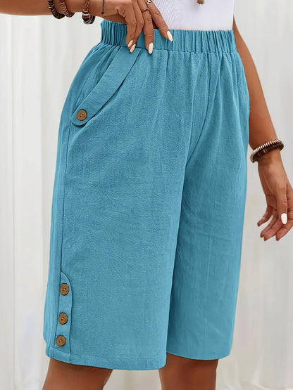 Lightweight Design | Elegant Button-Accent Elastic Waist Shorts for Women - Versatile Loose Fit, Solid Beige Color, Blend with Pockets, Perfect for Summer Casual Wear
