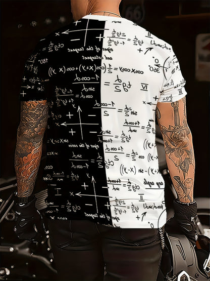 3D Fashionable Short Sleeve T-Shirt for Men - White with Black and Golden Mathematical Formulas Print, Crew Neck, Regular Fit, All-Season Comfort
