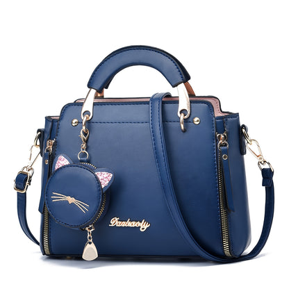 Women'S Fashion Cat Head Handbag, 2025 Trendy Shoulder Bag with Zipper Closure, Polyester Lined, Painted Edges, Versatile Solid Color - White, Red, Black, Pink, Khaki, Grey, Blue, Green, Purple, Light Blue