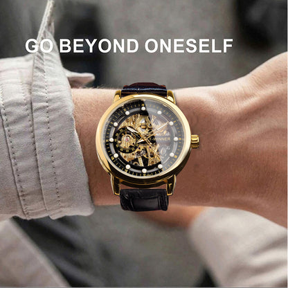 Men'S Luxury Mechanical Skeleton Watch with Golden-Tone Alloy Case & Faux Leather Strap - Mechanical Hand-Wind, World Time, Date Display, Elegant Fashion Accessory for Casual Attire, Mechanical Watch, Sophisticated Design, In