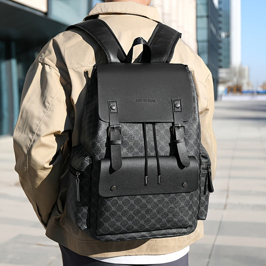 Men's Retro Geometric Print Drawstring Backpack - Casual British Style Durable Fabric with Multiple Compartments & Padded Straps for Daily Commute, Work, Travel, Backpack for Travel, Modern Logo Design, Highquality Straps, Ur