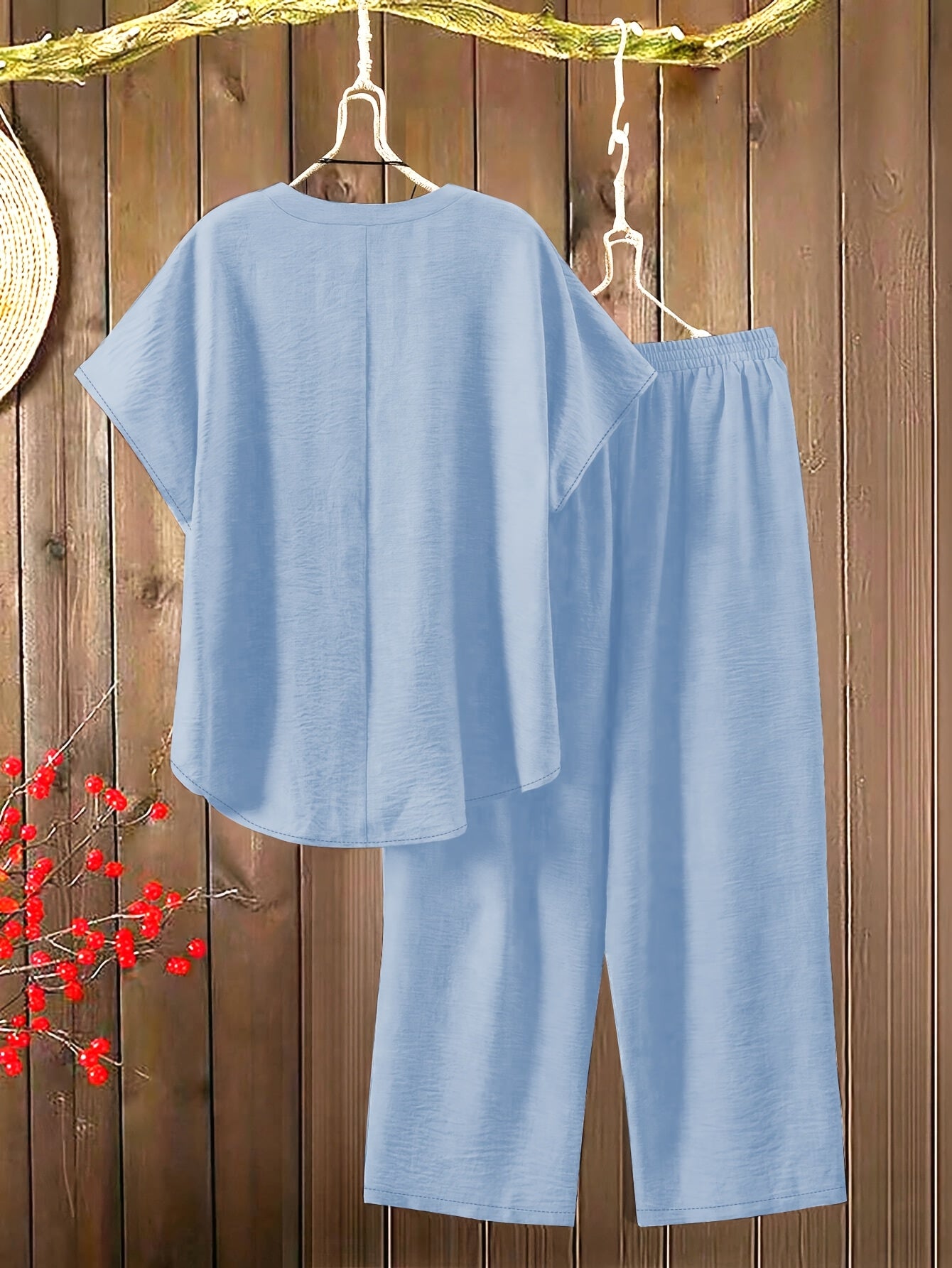 Women'S Solid Color V-Neck Short Sleeve Shirt with Elastic Waist Wide-Leg Pants Two-Piece Set